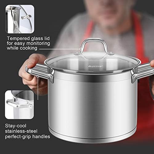 Duxtop Professional Stainless Steel Stock Pot with Glass Lid, Induction Cooking Pot, Impact-bonded Base Technology, 4.2 Quarts | Stockpot with Stay-Cool Handle, Impact-Bonded Base for Even Heating