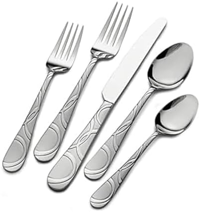 Pfaltzgraff Frost 53-Piece Flatware Set, 18/0 Stainless Steel Silverware Set for 8 with Steak Knives, Serving Pieces, Dishwasher Safe