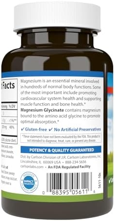Carlson Chelated Magnesium Glycinate, 200 mg, Muscle Function, 180 Tablets | Superior Absorption; Bone Support
