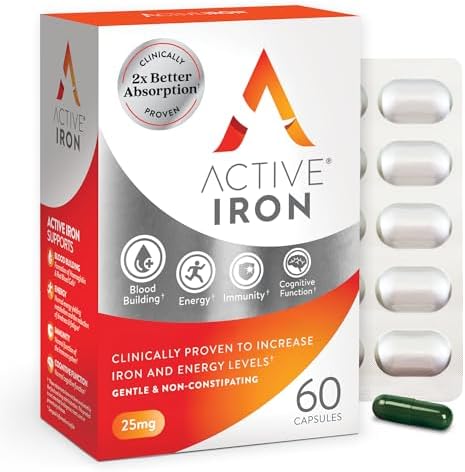 Active Iron Supplement 25mg, Clinically Proven to Increase Iron, Gentle | Optimum Absorption Iron Pills, Increases Energy Levels, Non-Constipating, Avoids Nausea, 60 On-the-Go Foil Protected Capsules