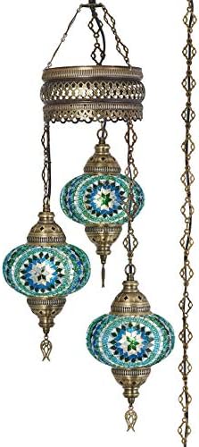 DEMMEX Plug-in Turkish Hanging Lamp, Handmade Moroccan Mosaic Chandelier Pendant Light Fixture with 15-ft Cord & Chain, Decorative Ceiling Lamp for Living Room, Bedroom, 3 Large 7'' Globes, 3.5 ft.