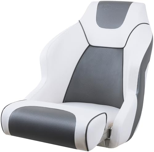 Seamander Boat Captains Chair,Captain Bucket Seat with Flip Up Bolster,Integral Rotomolded Frame, Premium EPDM Foam Material, Marine Grade Vinyl (A-White/Charcoal)