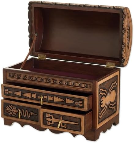 NOVICA Artisan Handmade Leather Cedar Wood Jewelry Chest Nazca Pattern from Peru Brown Boxes Colonial Cultural Animal Themed [8.25in H x 11.5in W x