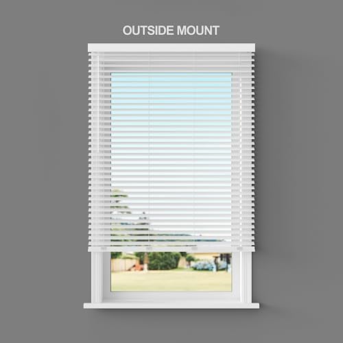 Lumino 2" Flat Slat Faux Wood Blinds, 34" W x 60" L White | Cordless, Built in Valence for Easy Installation, Custom Sizes