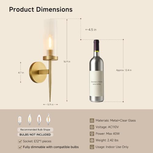 Modern Brushed Brass Wall Sconce, 1-Light Wall Lamp with Clear Glass Shade | H16.9", Mounted Light, with E12 Socket, Ideal for Bathroom Vanity Mirror