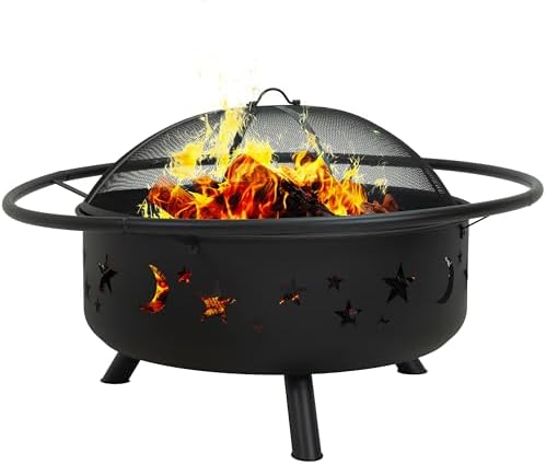 Sunnydaze Cosmic 42" Large Outdoor Fire Pit, Wood Burning, 34" Bowl Dia | Bronze, Heavy Duty Steel Metal, Includes Spark Screen, Wood Grate, & Poker, Round Backyard Firepit for Outside, Patio, Deck