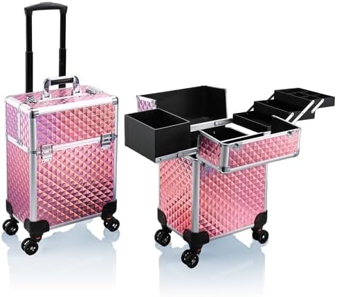 Stagiant Rolling Makeup Train Case Large Storage Cosmetic Trolley 4 Tray with Sliding Rail Removable Middle Layer with Key Swivel Wheels Salon