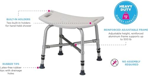 NOVA Heavy Duty Shower Chair, 500 lb Bariatric Bath Seat for Seniors, Fully Assembled, Adjustable Height 17"–23", Dual Handles, Handheld Shower Holder, Non-Slip Feet