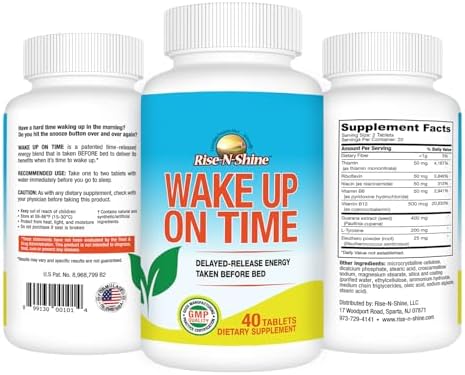 Rise-N-Shine Wake Up On Time Energy Supplement to Help Boost Your Mornings with Alertness & Focus for a Productive Day with Natural Caffeine & More