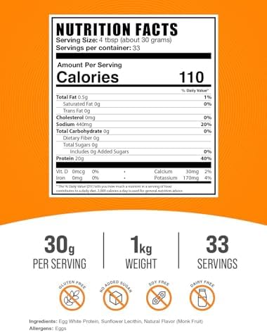 BulkSupplements.com Egg White Protein Powder - Egg White Powder, Lactose Free Protein - Unflavored & Dairy Free, 30g per Serving, 500g (1.1 lbs) (Pack of 1)