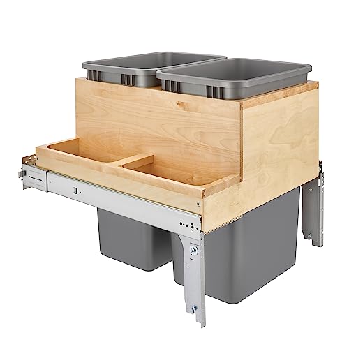 Rev-A-Shelf Double Top-Mount Pullout Trash Can, Min Opening 15" W, 35 Qt | Under Kitchen Cabinet Large Capacity Waste/ Recycling Containers, 150 Lbs Rated Full-Extension Slides, 4WCTM-18BBSCDM2 Silver