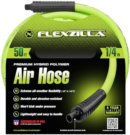 Flexzilla Air Compressor Hose, 3/8 in. x 50 ft., 1/4 in. MNPT Fittings, No-Kink, All Weather, Lightweight, Premium Hybrid Polymer, 300 PSI, ZillaGreen