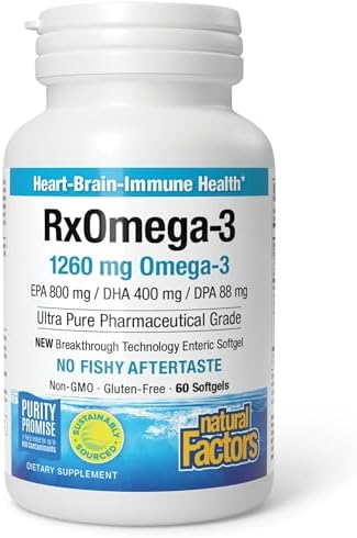 Natural Factors, RxOmega-3 Fish Oil, Pharmaceutical Grade, 1260 mg Omega-3 Per Serving, No Fishy Aftertaste, 240 Count (Pack of 1)
