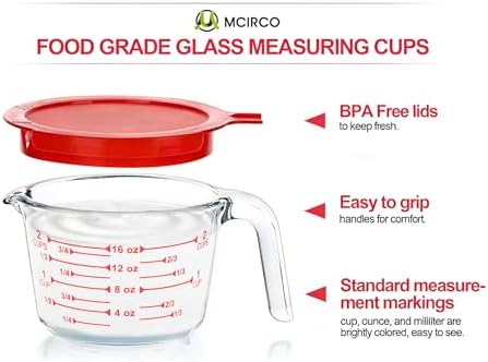 M MCIRCO 6 Pcs Glass Measuring Cups with Lids Set, 1 Cup, 2 Cup, 4 Cup | Measuring Jugs with Handle, Nesting Liquid Measuring Cups for Kitchen