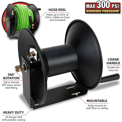 Performance Tool M635 50 ft. 18-Gauge Steel Air Hose Reel | Durable powder coated finish. Holds up to 50-ft of 3/8-in compressor hose (not included). 3/8-in female NPT swivel. Reel only