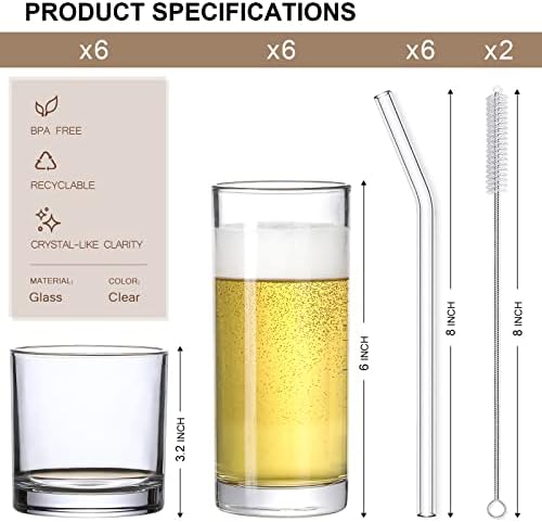 [ 12 Pack ] Glass Cups with Glass Straws, 12oz Highball & Rock Drinking Glasses, Everyday Drinkware Glasses Set, Cute Tumbler Cup
