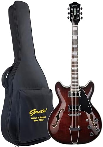 GROTE Jazz Electric Guitar Semi-Hollow Body Trapeze Tailpiece Bridge Guitar Gig Bag (RED)