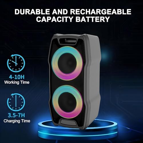 VeGue Karaoke Machine, Wireless Bluetooth PA System for Adults & Kids with Dual 8'' Subwoofers, 2 UHF Wireless Mics, Colorful LED Lights