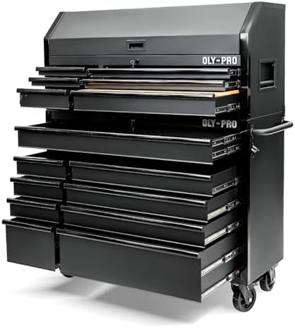Olympia Tools 72 inch Heavy Duty Mobile Tool Chest Tool Box, with Solid Wood Top Workbench, 15-Drawer Rolling Tool Chest, Tool Storage Organizer for Garage, Workshop, and Home, Black