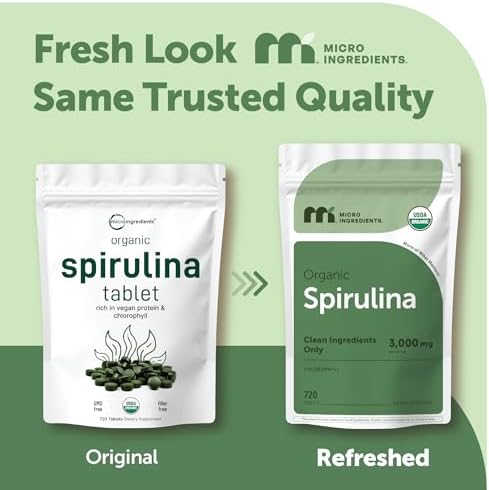 Micro Ingredients Organic Spirulina Supplement, 720 Tablets (4 Month Supply), No Filler & Non-GMO, Rich in Vegan Protein, Vitamins & Prebiotics
