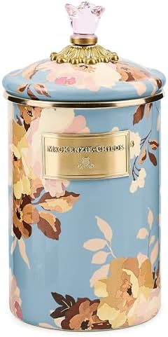 MACKENZIE-CHILDS Enamel Canister, Large, White Butterfly Garden | Hand-applied design, made from enameled steel, versatile kitchen storage container for flour and sugar, 64-ounce capacity