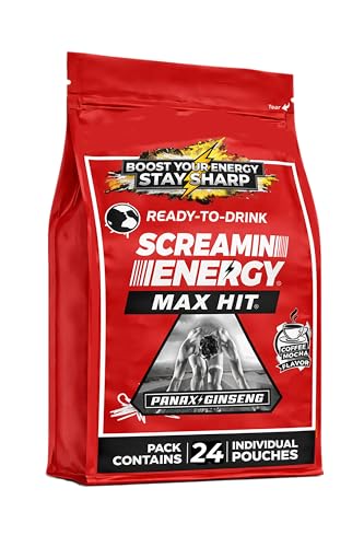 Screamin Energy Max Hit Coffee Mocha Energy Shot Pouches, 24 Count, Extra Strength Caffeine with Panax Ginseng and B Vitamins