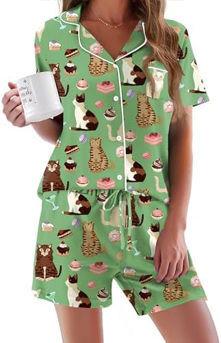 Ekouaer Pajamas Set for Women Short Sleeve Sleepwear Button Down Pj XS-XXXL | Summer 2 Piece Lounge Set, Soft Fabric, Drawstring Waistband, for Bridesmaid Bride Party, Plus Size, Petite, Cute Pattern