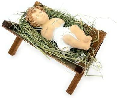 4 Inch Baby Jesus in Manger Figurine, Small Baby Jesus Manger Crib for Nativity Set on Natural Hay, Handcrafted Holy Gift Made in Poland