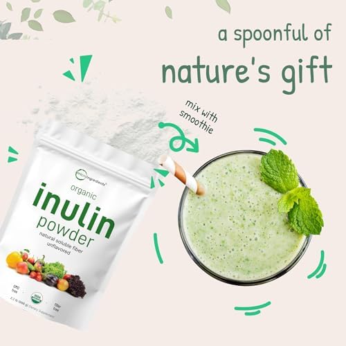 Micro Ingredients Organic Inulin FOS Fiber Powder, 2.2 lbs | Quick Water-Soluble Prebiotic | Natural Fiber for Smoothies & Drinks | Vegan Friendly, Dissolves Clear