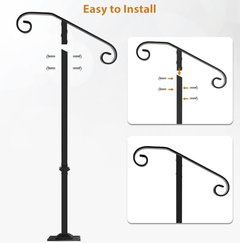 Wrought Iron Handrail 38.8" H, Single Post Handrail Fits 1 or 2 Steps