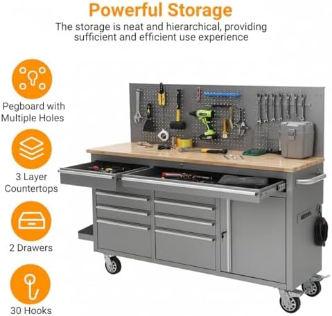 61-Inch Rolling Tool Chest with 10 Drawers & Power Strip, Solid Rubber Wood Top, 1675 LBS Load Heavy Duty Mobile Workstation, Locking System and Drawer Liners for Garage Warehouse Shop, Black
