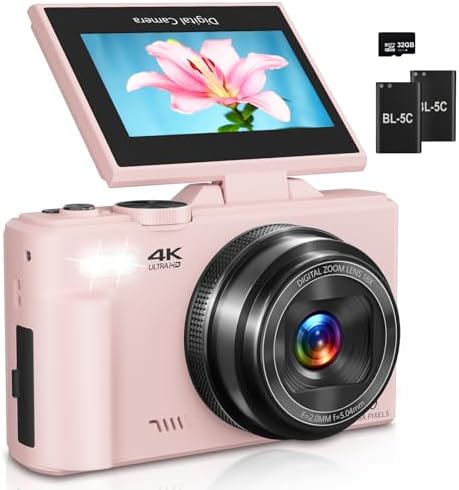 Digital Camera for Photography, 4K Vlogging Camera for YouTube 3" 180° Flip Screen 18X Digital Zoom Compact Retro Cameras with 32GB TF Card & 2 Batteries, Black