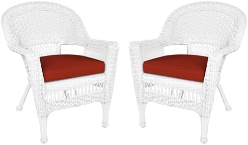 Jeco Wicker Chair with Red Cushion, Set of 2, White/W00206-