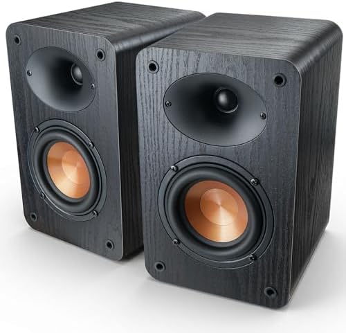RIOWOIS Passive Bookshelf Speakers, Home Stereo Speakers for Record Player | Silk-Dome Horn Tweeter, 4 inch Woofer, Gold-plated Terminals