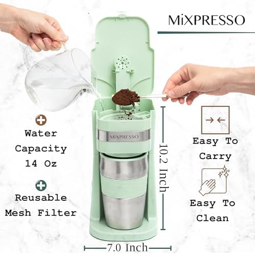 Mixpresso Single Serve & Single Cup Coffee Maker with 14oz Travel Mug Black | For ground coffee only, reusable filter, auto shut off. Compact personal drip coffee maker, not compatible with K-Cup pods.