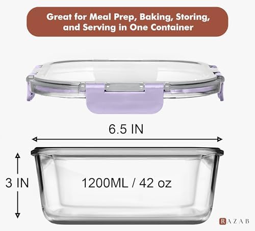 Razab 2 PC 1200ML / 41 Oz Glass Food Storage Containers with Lids - Airtight & Leakproof - Microwave/Oven/Freezer Safe - BPA Free - Ideal for Meal