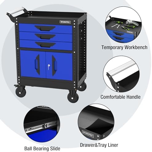 WORKPRO 27.5-Inch Rolling Tool Cabinet, 405 LBS Capacity | Steel Tool Storage Cabinet with PVC Drawer Liners