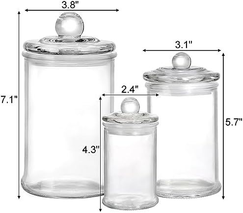 Set of 3 Glass Apothecary Jars with Lids, Bathroom Canisters Storage Container Jars, Decorative Small Glass Apothecary Jar for Cotton Swabs