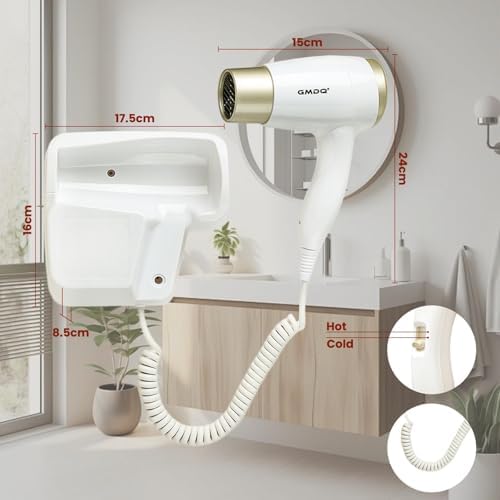 Wall Mounted Hair Dryer for Bathroom - 110V Professional Blow Dryer with Fast Drying Salon Motor, Heavy Duty Wall Mount Hairdryer with Stand Rack