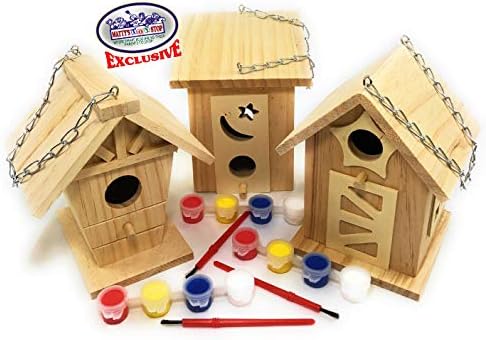 Matty's Toy Stop Paint Your Own Small Wooden Birdhouses (Includes Paints & Brushes) Gift Set Bundle - 3 Pack