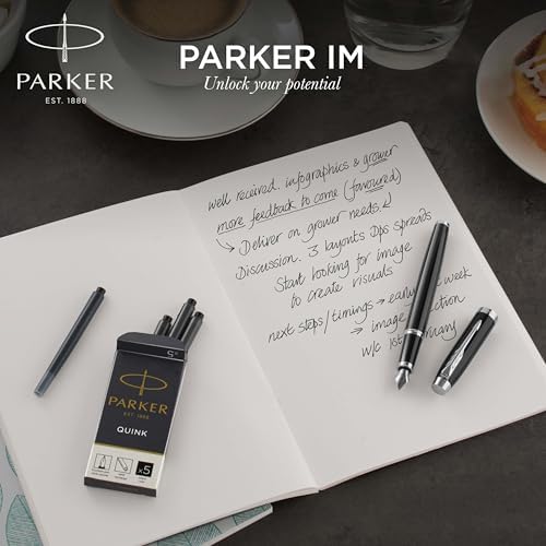 Parker IM Fountain Pen, Black Lacquer Gold Trim, Medium Nib with Blue Ink Refill, Gift Box (1931652)