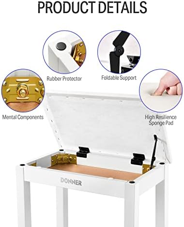 Donner Piano Bench with Storage, Solid Wood Keyboard Bench Piano Bookcase Stool Chair Seat with High-Density Sponges Pad, Black