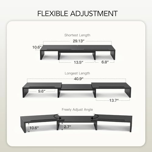 AMERIERGO Dual Monitor Stand Riser- 3 Shelf Screen Stand with Adjustable Length and Angle, 2 Extra Functional Slot Desktop Organizer Stand for PC