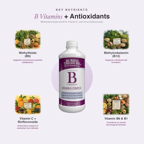 Buried Treasure B Complete - 16 Fl oz, All 8 B Vitamins with Methylated B12 & Methylfolate, Biotin, B1, B2, B6, Antioxidant Support