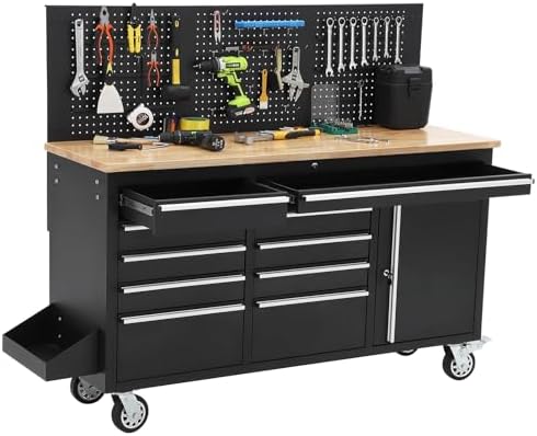61-Inch Rolling Tool Chest with 10 Drawers & Power Strip, Solid Rubber Wood Top, 1675 LBS Load Heavy Duty Mobile Workstation, Locking System and Drawer Liners for Garage Warehouse Shop, Black