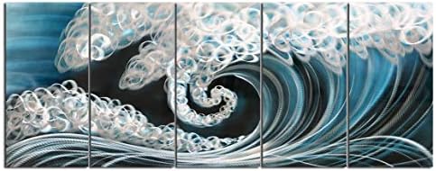 Yihui Arts Handcrafted 3D Metal Wall Art - Ocean Wave Sculpture, 5 - Panel Aluminum Decor for Living Room, Bedroom & Office
