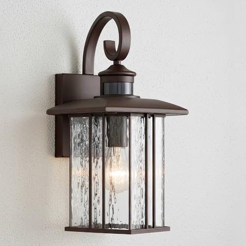 Deaver 15 1/4" Rubbed Bronze Motion Sensor Outdoor Wall Light Fixture | Modern Oil Clear Water Glass Lantern Dusk to Dawn Security Exterior House