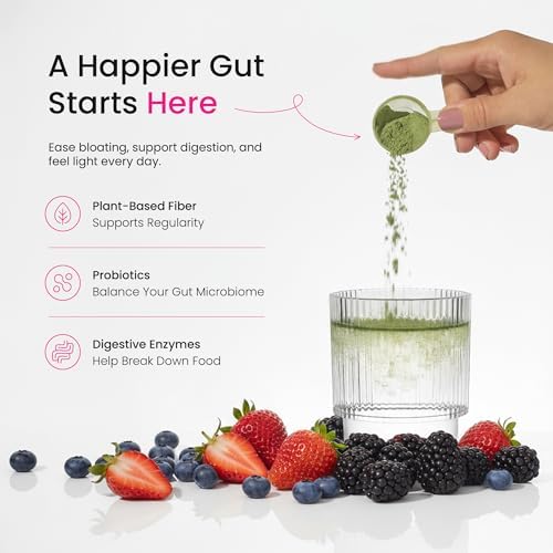 SuperGreens Powder, 40+ Organic Superfoods, Probiotics & Enzymes for Energy, Digestion, Gut Health & Bloating | Organic Fruit & Veggie Drink Mix