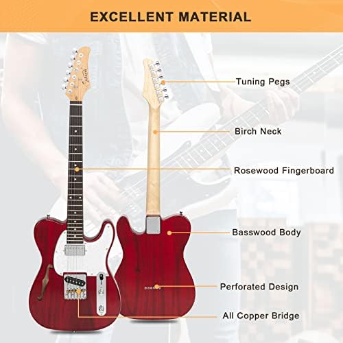 GLARRY 39" GTL Semi-Hollow Electric Guitar for Music Lover, HS Pickups Rosewood Fingerboard with Accessories Pack Guitar Bag(Transparent Wine Red)