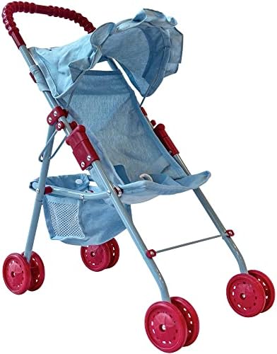 The New York Doll Collection My First Doll Stroller with Basket & Heart Design Foldable Doll Stroller, Pink